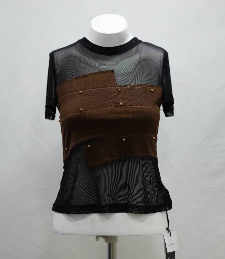 Black & Brown Y2K Illusion Patchwork Mesh Top