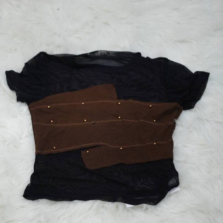 Black & Brown Y2K Illusion Patchwork Mesh Top - Image 2