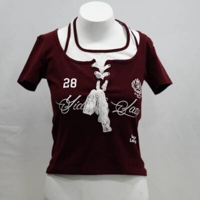 Burgundy 'Yida & Lazy 28' Lace-Up Eyelet Crop Top