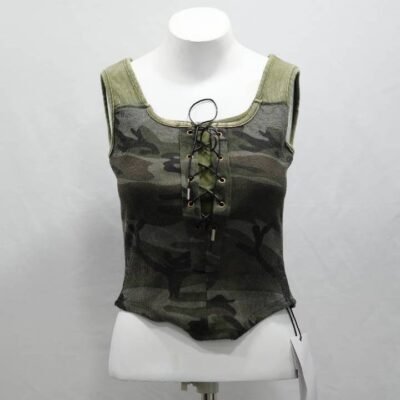 Grey & Olive Camo Lace-Up Crop Tank Top