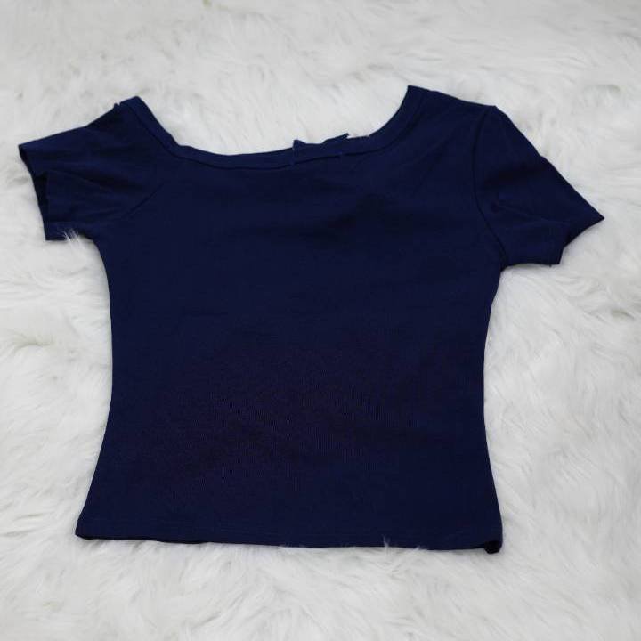 Cobalt Blue Asymmetrical Button-Detail Graphic Tee - Image 2
