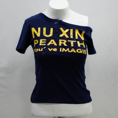 Cobalt Blue Asymmetrical Button-Detail Graphic Tee