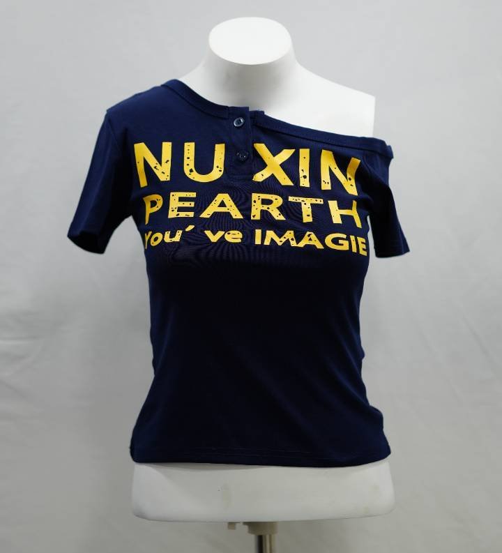 Cobalt Blue Asymmetrical Button-Detail Graphic Tee