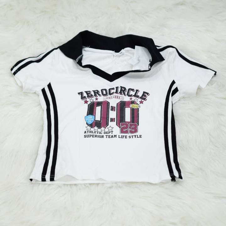 Chalk White 'ZEROCIRCLE 00' Collared Jersey Crop - Image 2