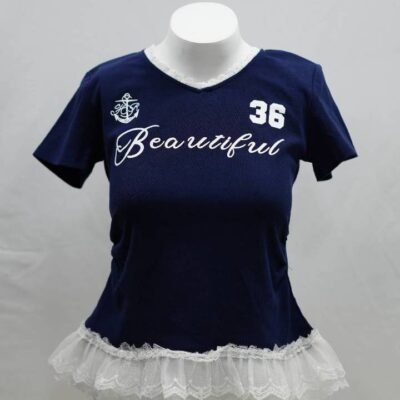 Deep Navy Lace Trim '36 Beautiful' Tee