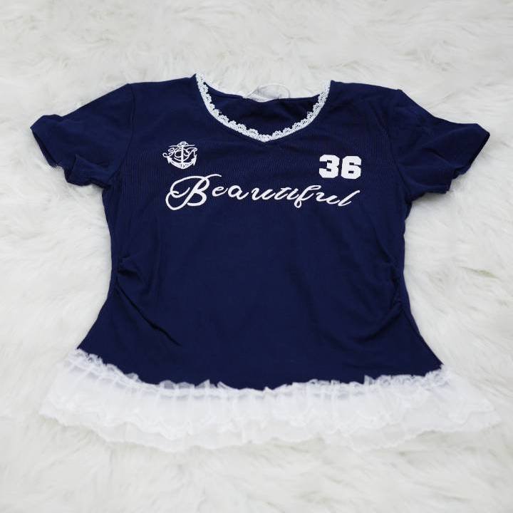 Deep Navy Lace Trim '36 Beautiful' Tee - Image 2