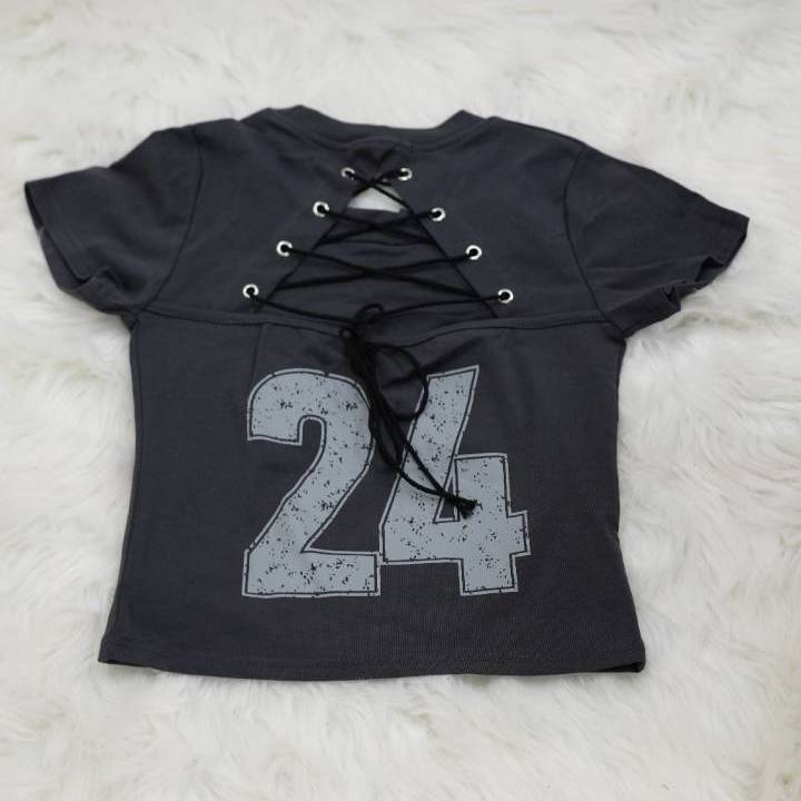 Grey Y2K "Romance 24" Lace-Up Crop Top - Image 4