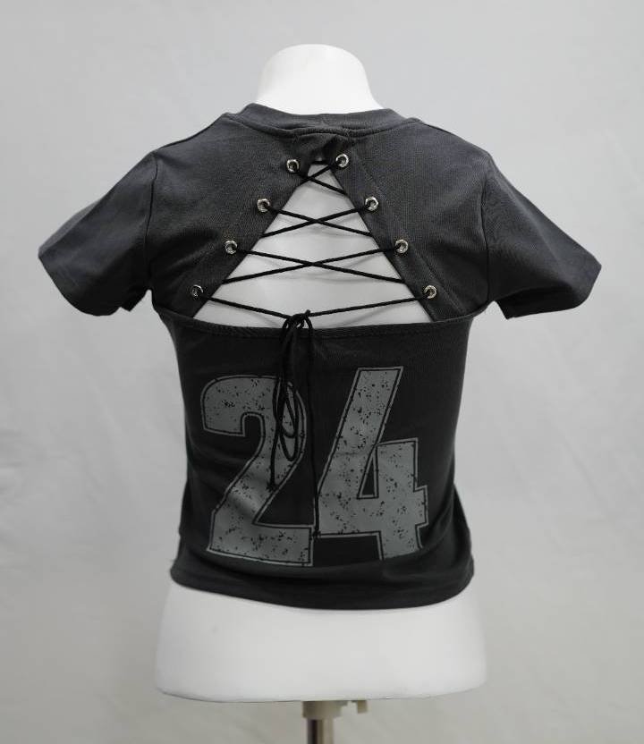 Grey Y2K "Romance 24" Lace-Up Crop Top - Image 2