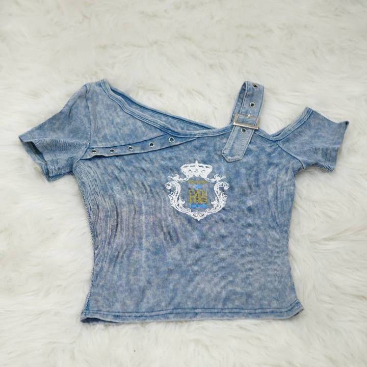 Light Blue Y2K Crown Graphic Asymmetrical Top - Image 2