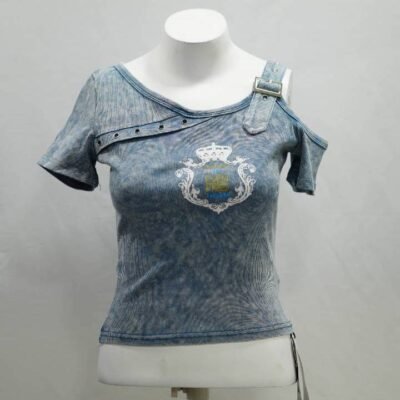 Light Blue Y2K Crown Graphic Asymmetrical Top