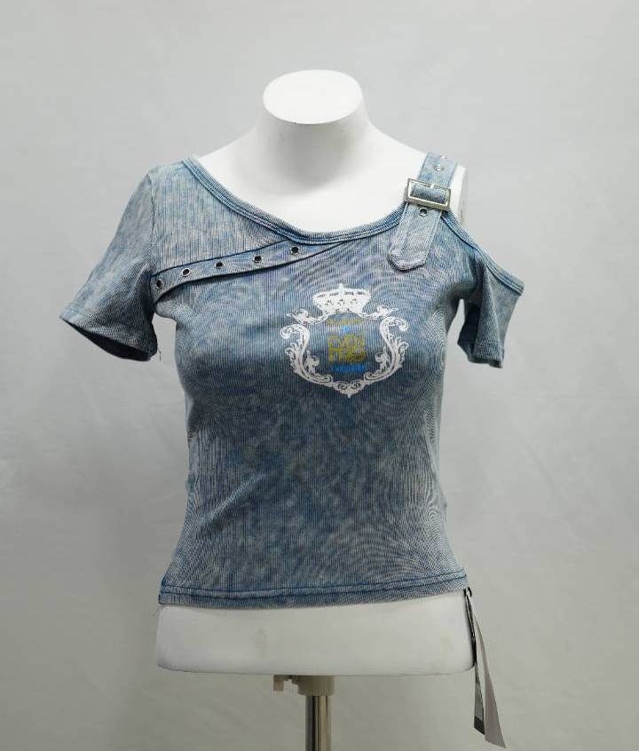 Light Blue Y2K Crown Graphic Asymmetrical Top