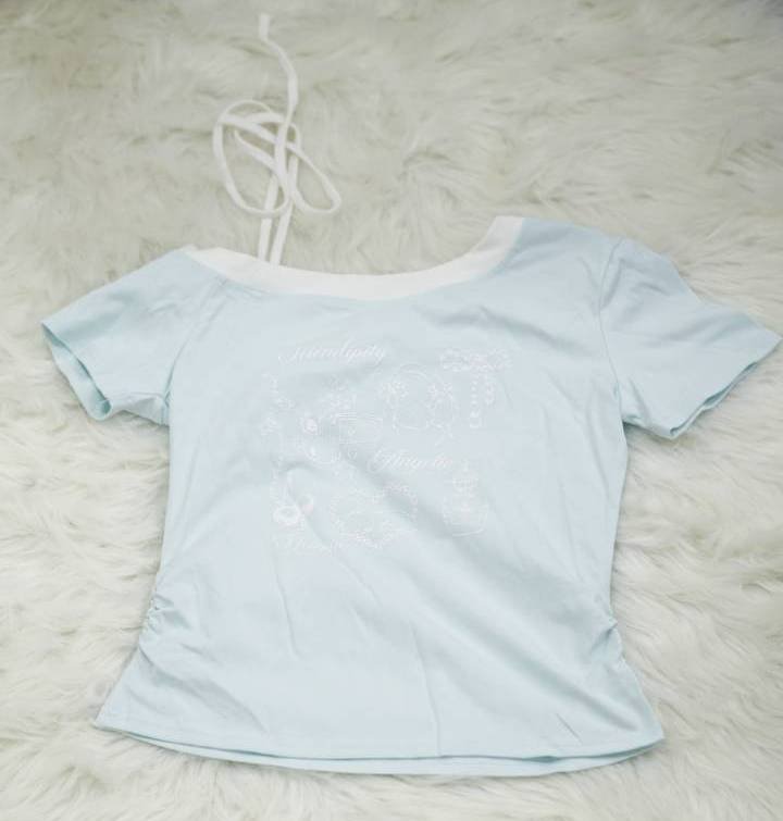 Light Blue Off-Shoulder Angelic Print Baby Tee - Image 2