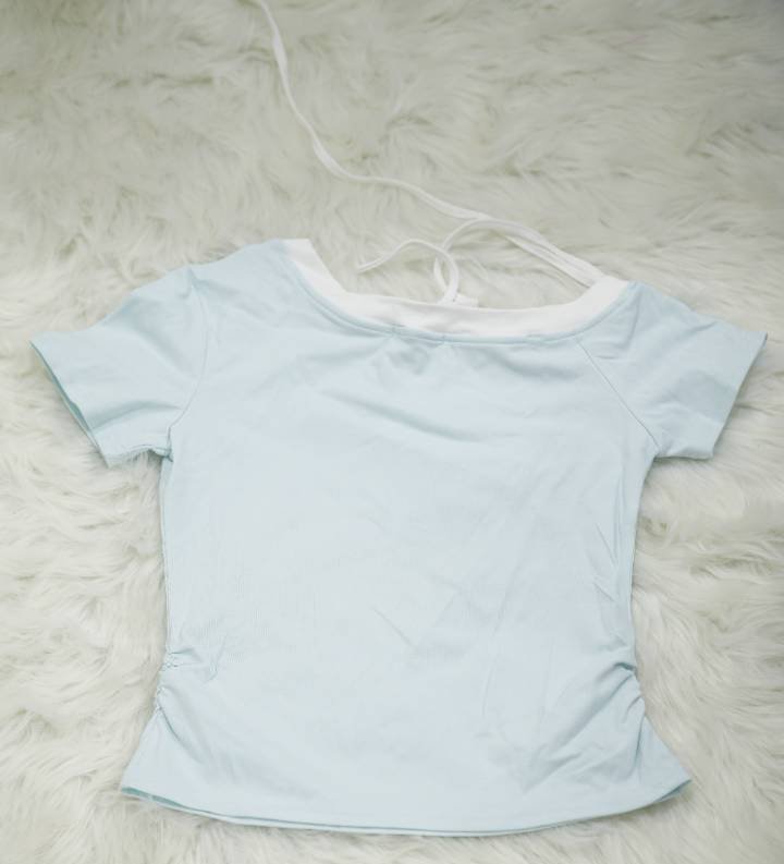 Light Blue Off-Shoulder Angelic Print Baby Tee - Image 3