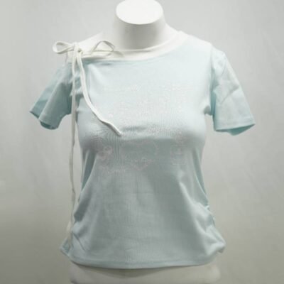 Light Blue Off-Shoulder Angelic Print Baby Tee