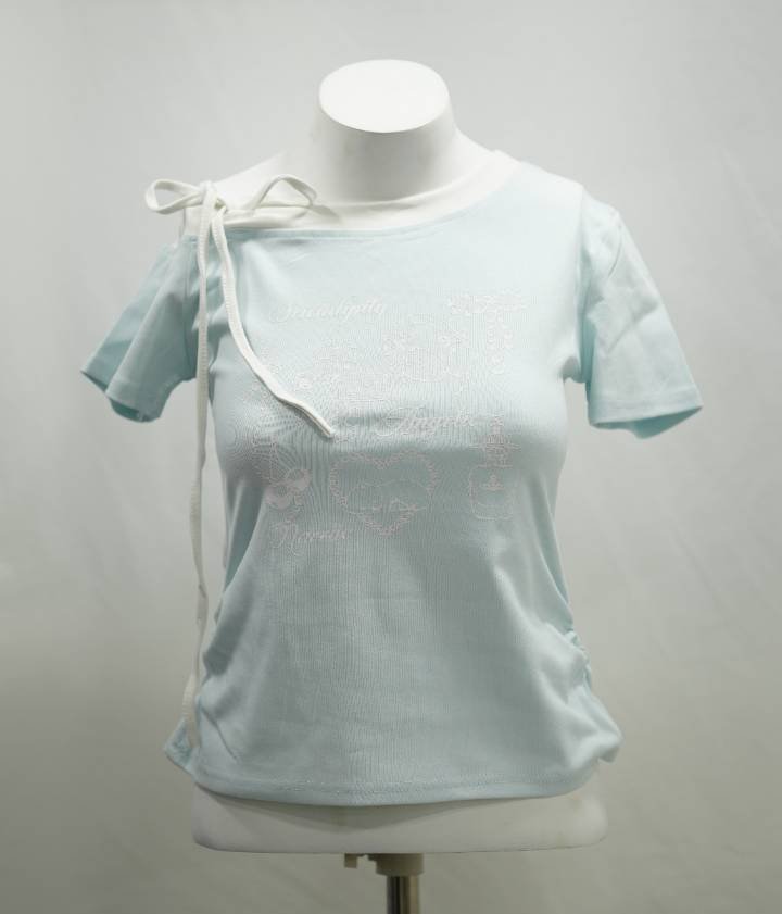 Light Blue Off-Shoulder Angelic Print Baby Tee