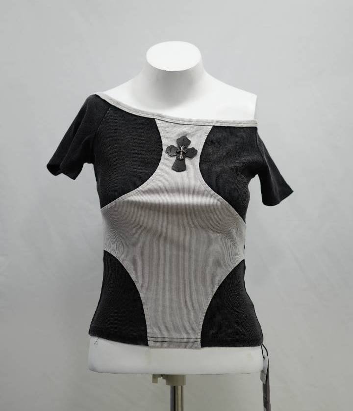 Monochrome Geometric Y2K Cross-Detail Tee