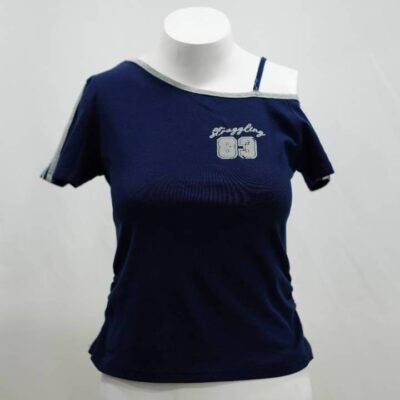 Navy "Struggling 83" Asymmetric Jersey Crop Top