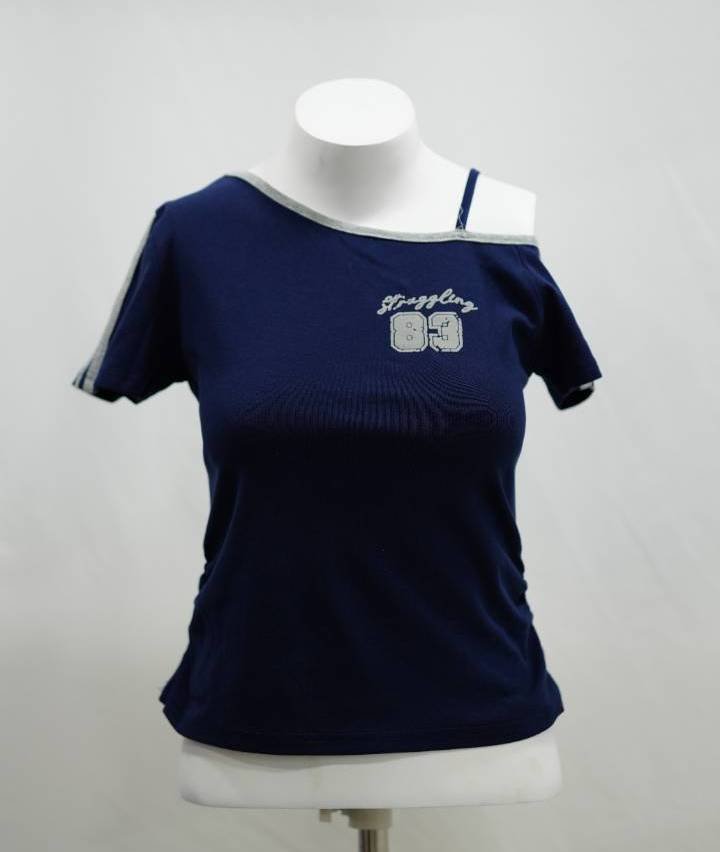 Navy "Struggling 83" Asymmetric Jersey Crop Top