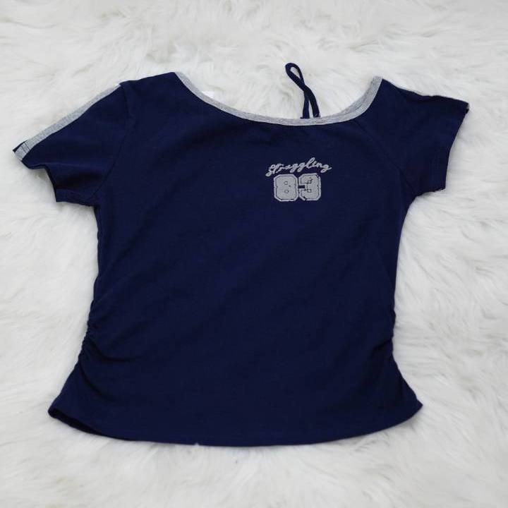 Navy "Struggling 83" Asymmetric Jersey Crop Top - Image 3