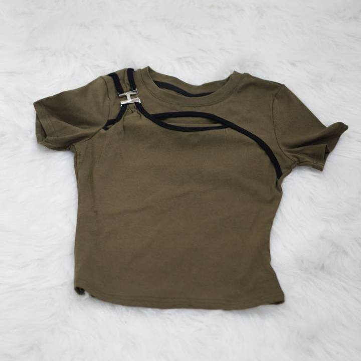 Olive Green Peekaboo-Neck Cutout Crop Top - Image 2