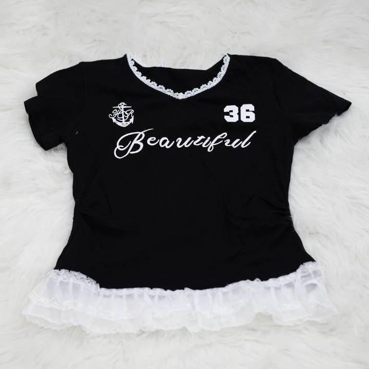 Pitch Black Lace Trim "36 Beautiful" Tee - Image 2