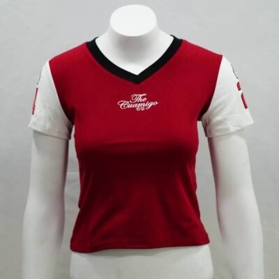 Cherry Red Retro Baseball "The Cuamigo" V-Neck Crop Top