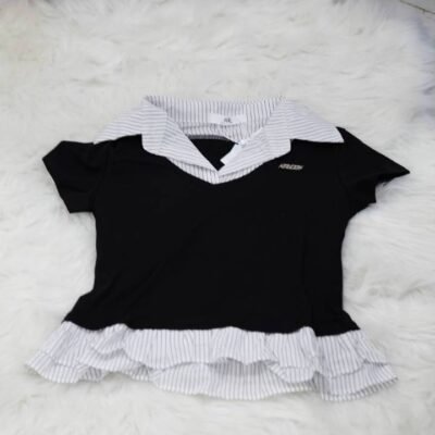 Pitch Black Pinstripe Sailor Frill Crop Polo Tee