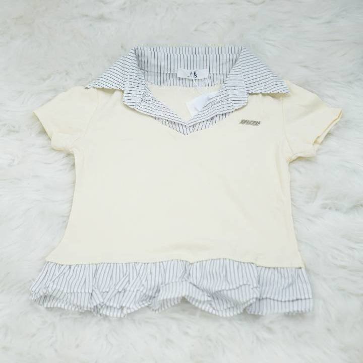 Off-White Pinstripe Sailor Frill Crop Polo Tee - Image 2