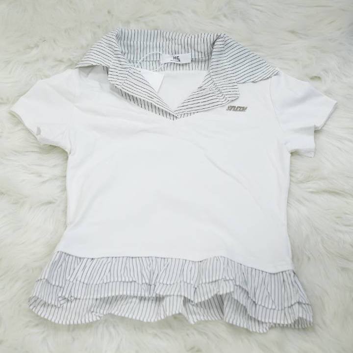 Pure White Pinstripe Sailor Frill Crop Polo Tee - Image 3