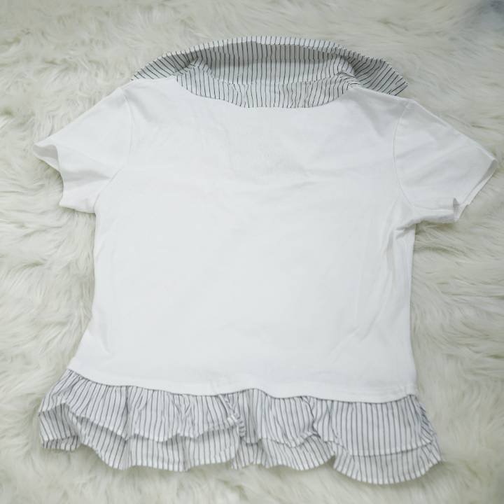 Pure White Pinstripe Sailor Frill Crop Polo Tee - Image 2