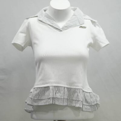 Pure White Pinstripe Sailor Frill Crop Polo Tee