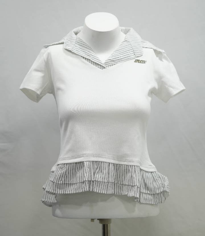 Pure White Pinstripe Sailor Frill Crop Polo Tee