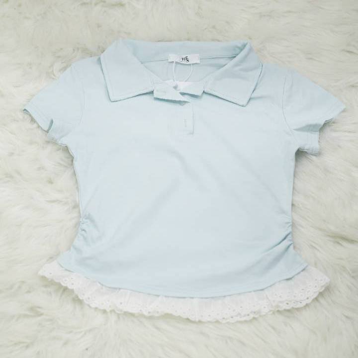 The Eyelet Ruched Polo in Ice Blue - Image 2