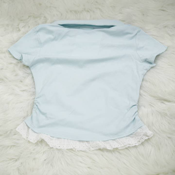 The Eyelet Ruched Polo in Ice Blue - Image 3