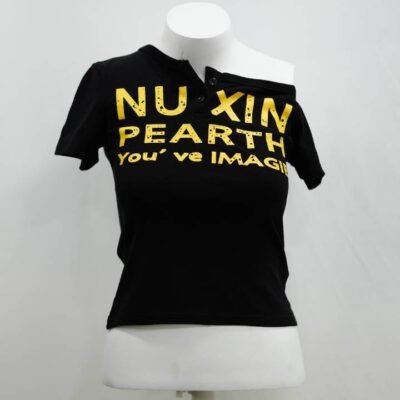 The 'NU XIN PEARTH' Asymmetric Henley Tee in Pitch Black